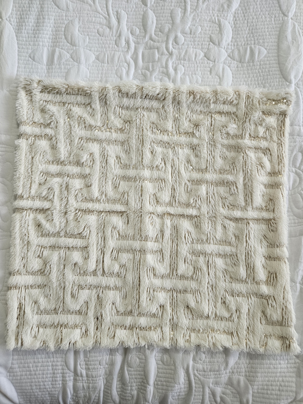 Cream Textured Faux Fur Pillow Cover with Subtle Gold Thread